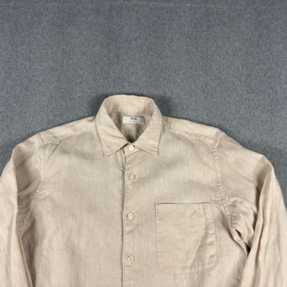 Uniqlo Shirt Mens S 100% Linen Beige Long Sleeve Button Up